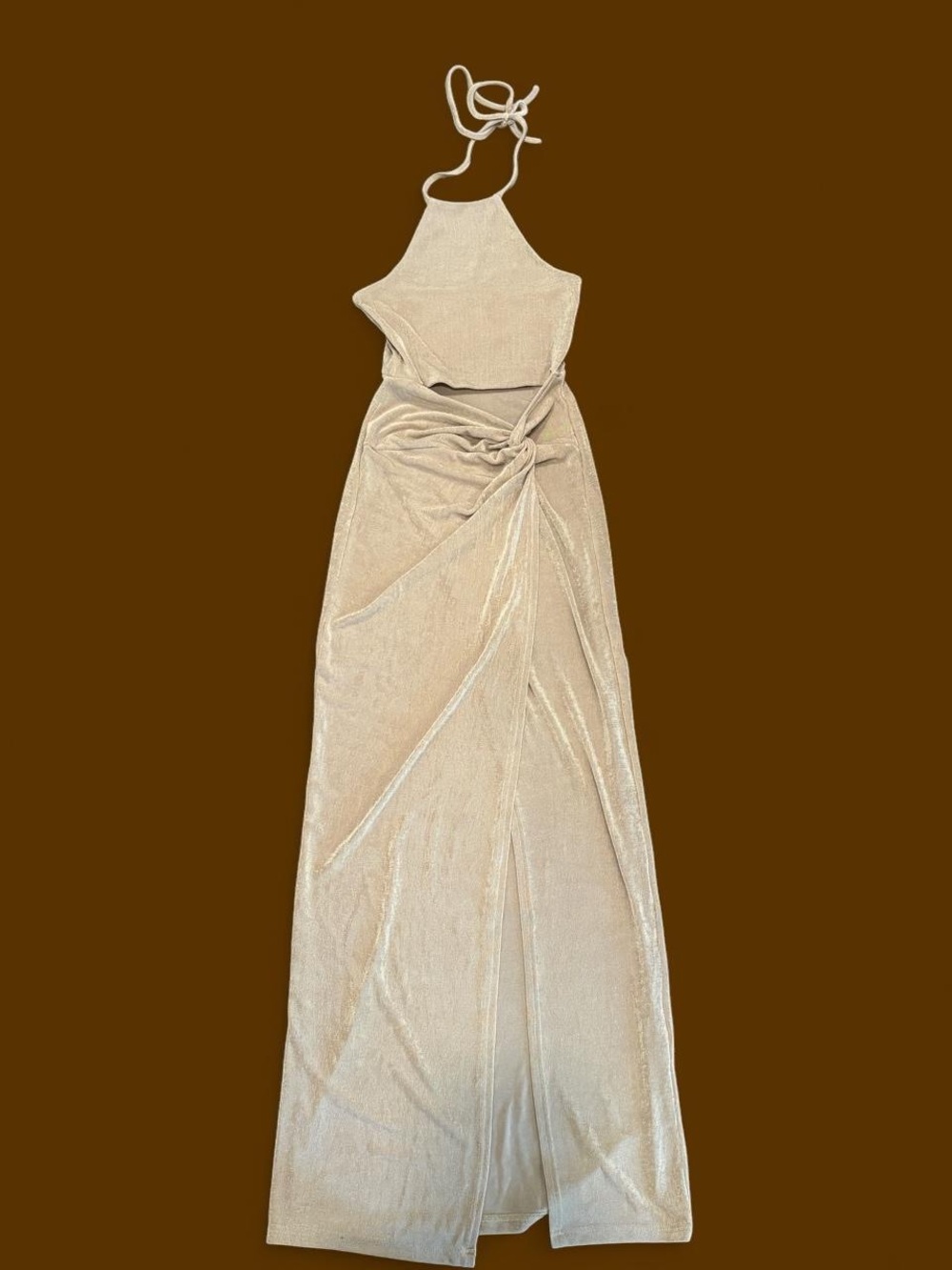 Petal & Pup cream maxi dress with tie waist and halter neck